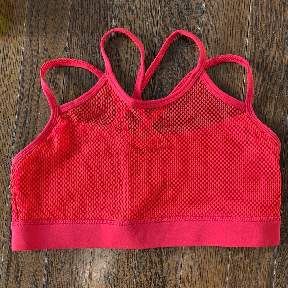 Red fishnet sports bra